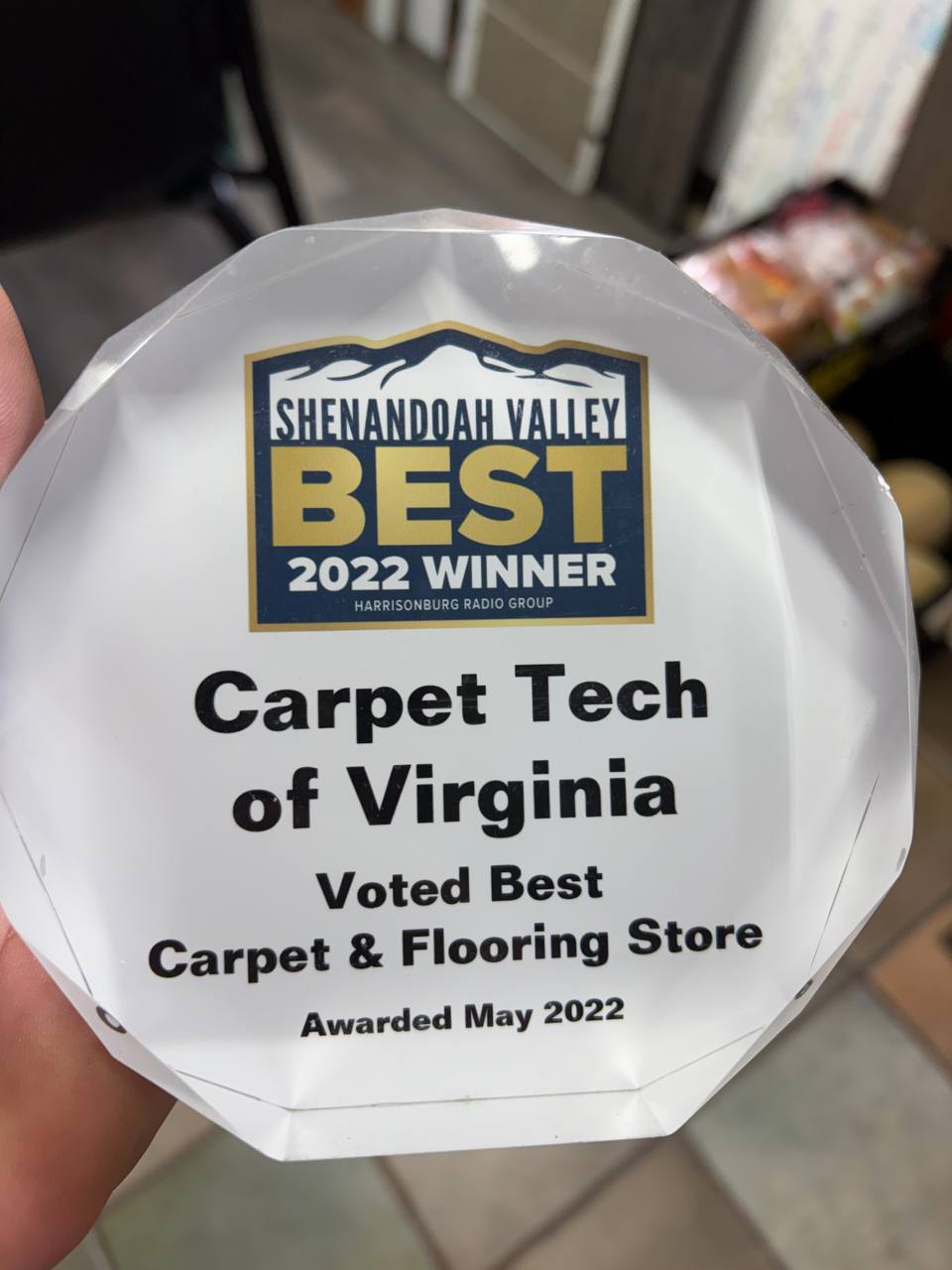 2022 Shenandoah Valley Best award for Carpet Tech of Virginia
